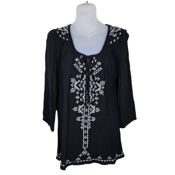 Dressbarn Embroidered Blouse Gauze Tunic 3/4 Sleeve Boho Lagenlook Crinkle Tie M - Picture 1 of 15